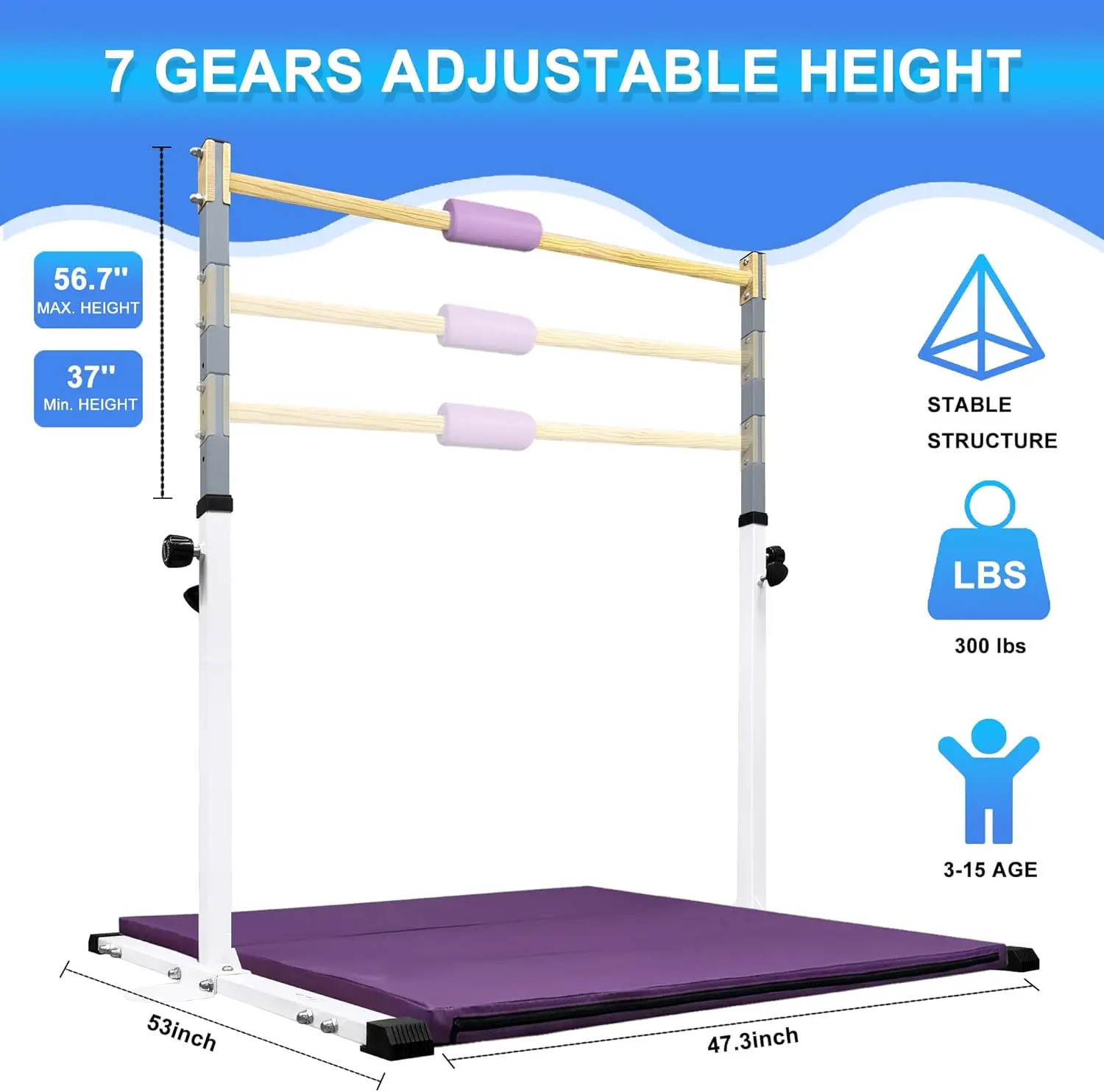 Gymnastics Bar for Kids with Mat - Sturdy Kip Bar with Rings, Horizontal Bar for Home Training, 3'-5' Height, Ages 3-15, 250 LBS