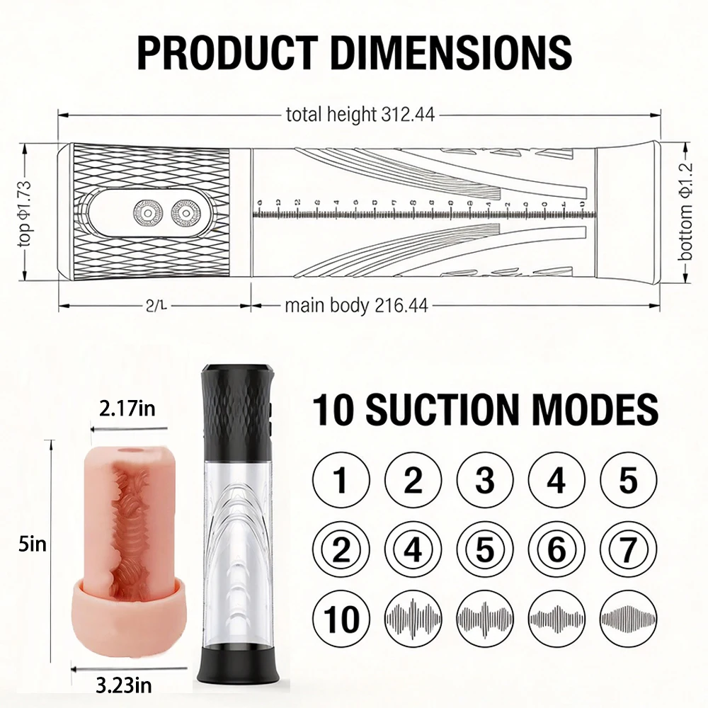 Penis Pump Rechargeable Male Device with 10 Modes, LED Screen, Measurement Scale, Magnetic Charging, Great Gift for Men