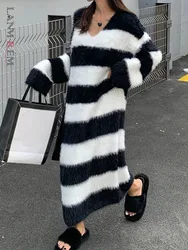 LANMREM Fashion Striped Mink Knit Dress Women's O-neck Long Sleeves Thickened Long Dresses 2024 Autumn Winter New 2Z2562