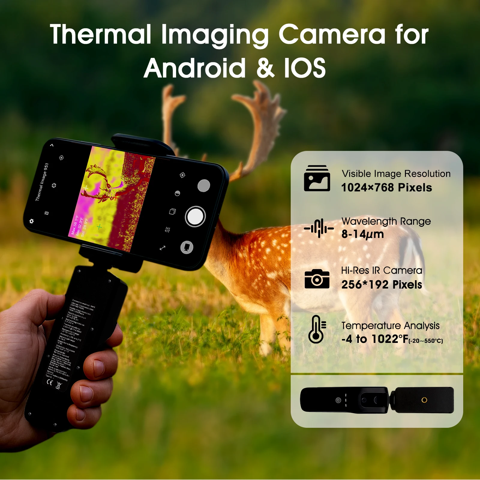 赤外線カメラ、iOS/Android用サーマルカメラ 1024x768可視画像解像度 HP-951B アプリ付きサーマルイメージング、Type-C