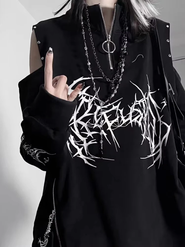 HOUZHOU Y2k Schwarz Goth Grafik Frauen Sweatshirts Punk Harajuku Off Schulter Japanischen Stil Pullover Grunge Ästhetischen Übergroßen