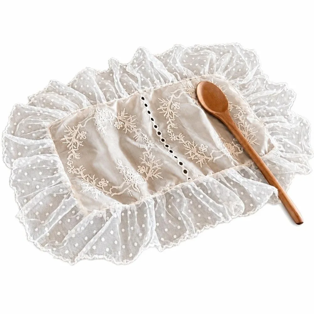 Retro Flower Embroidered Lace Placemats Ruffles Transparent Table Cup Mat Soft Flounced European Coasters Table Decor