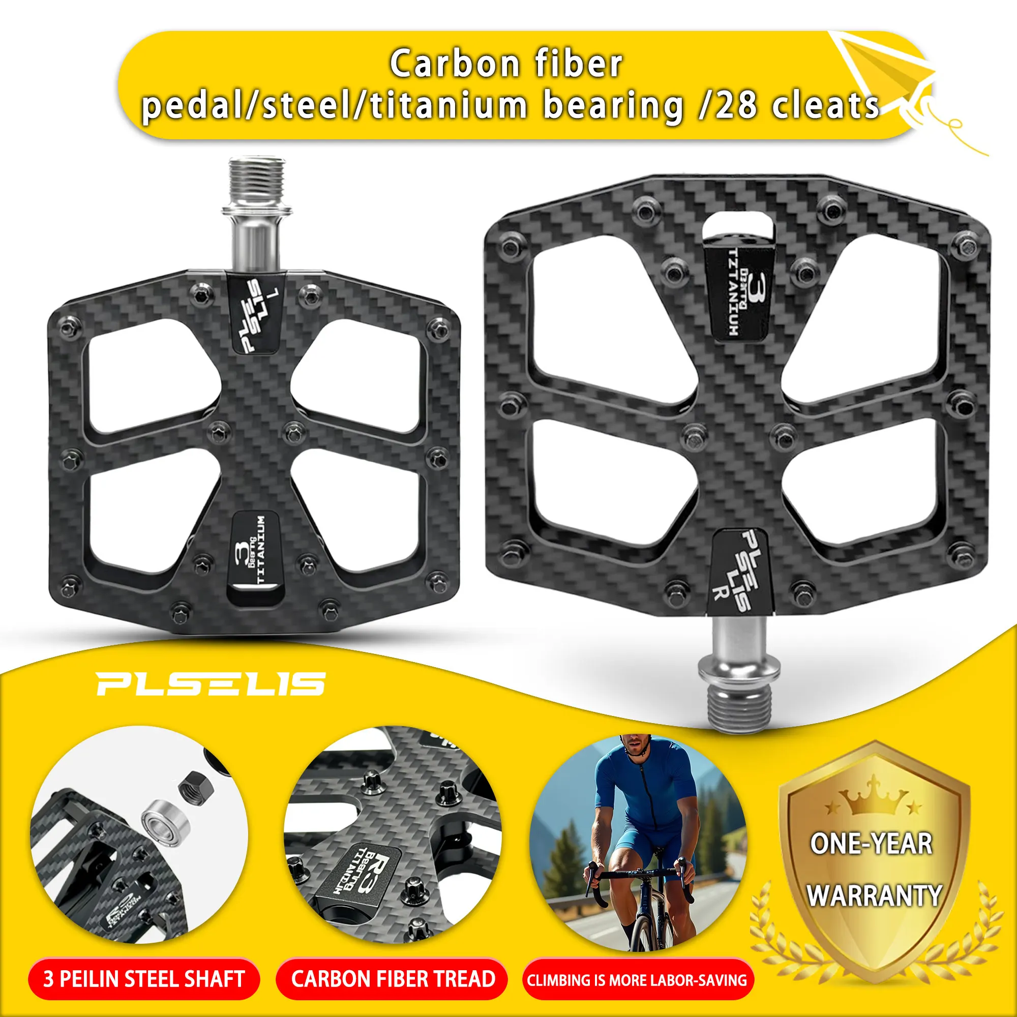 

PLSELIS Ultra-Light Carbon Fiber Road Bike Pedals 260g (Pairs) 14mm Thread Universal Mounting Riding Accessories