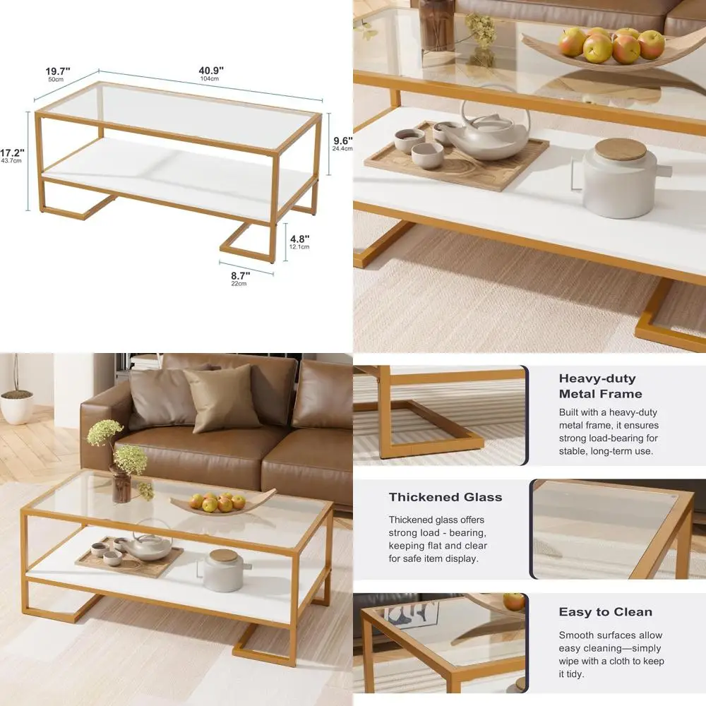 

White 2-Tier Tempered Glass Coffee Table with Metal Frame for Living Room and Office
