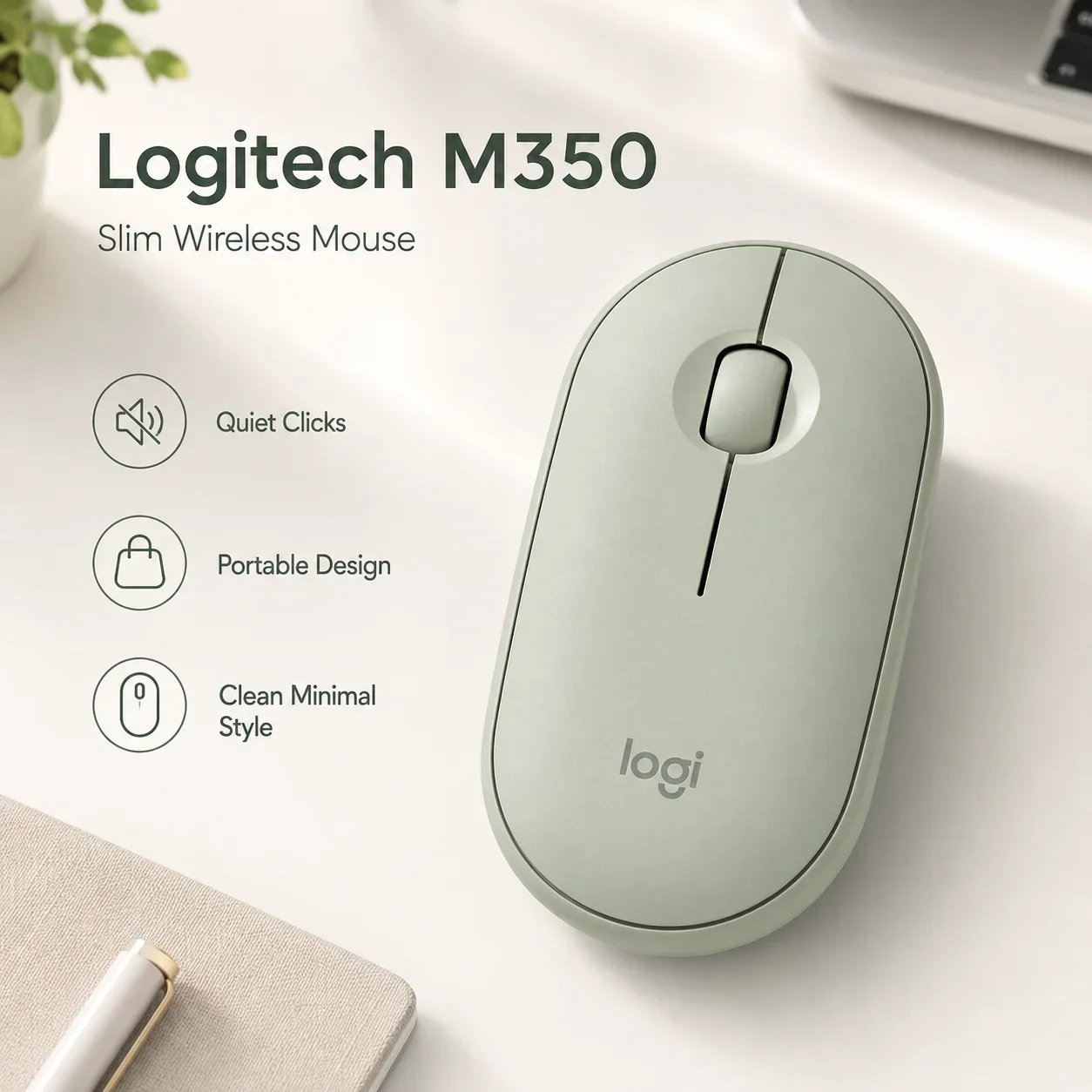 Logitech POP M350 Silent Bluetooth Mouse Slim Cute Portable Noiseless Click Kawaii Desktop Setup Accessory for Mac PC Student