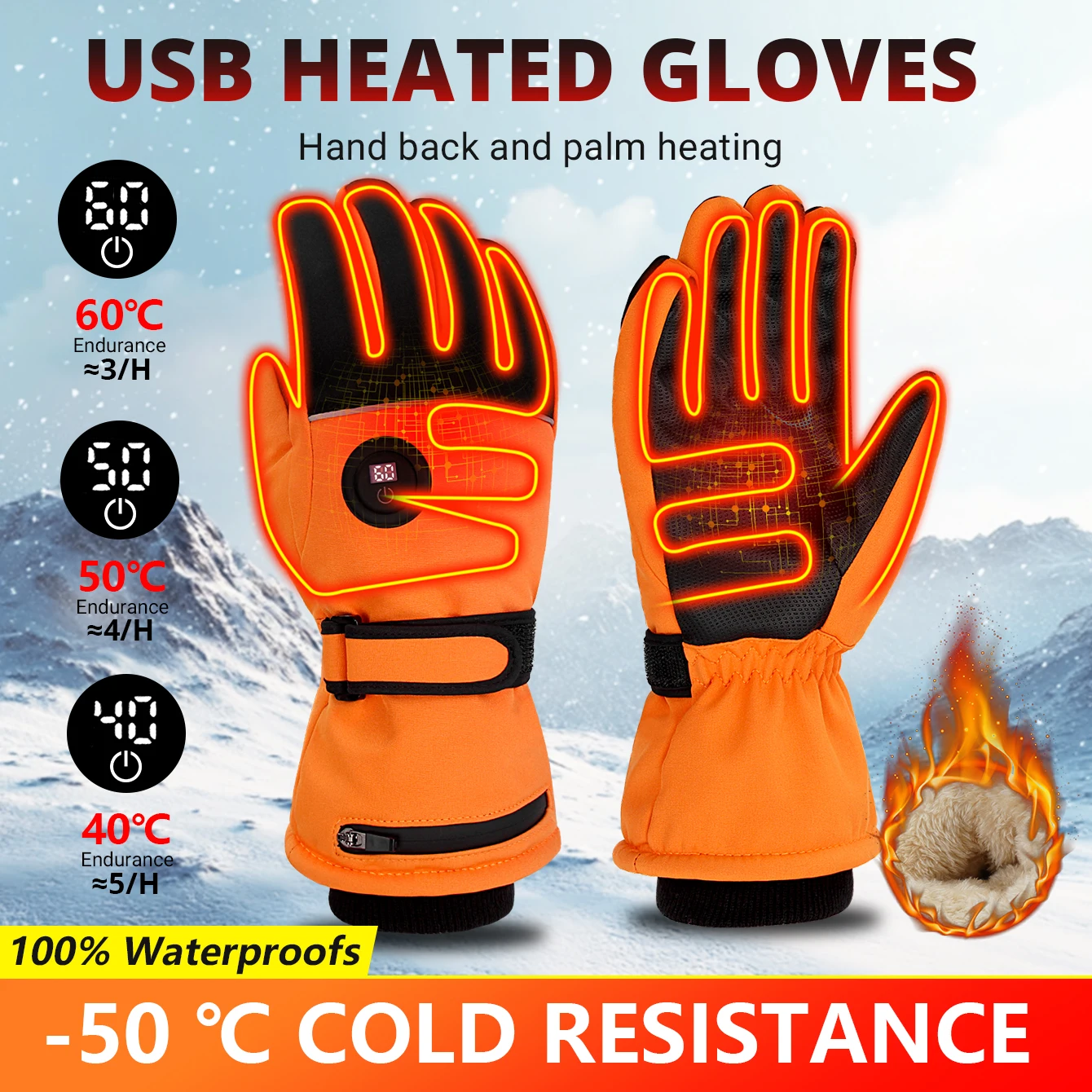 Electric Heated Gloves Thermal Heat Motorcycle Gloves Winter Warm Skiing Waterproof Heated Rechargeable Gloves