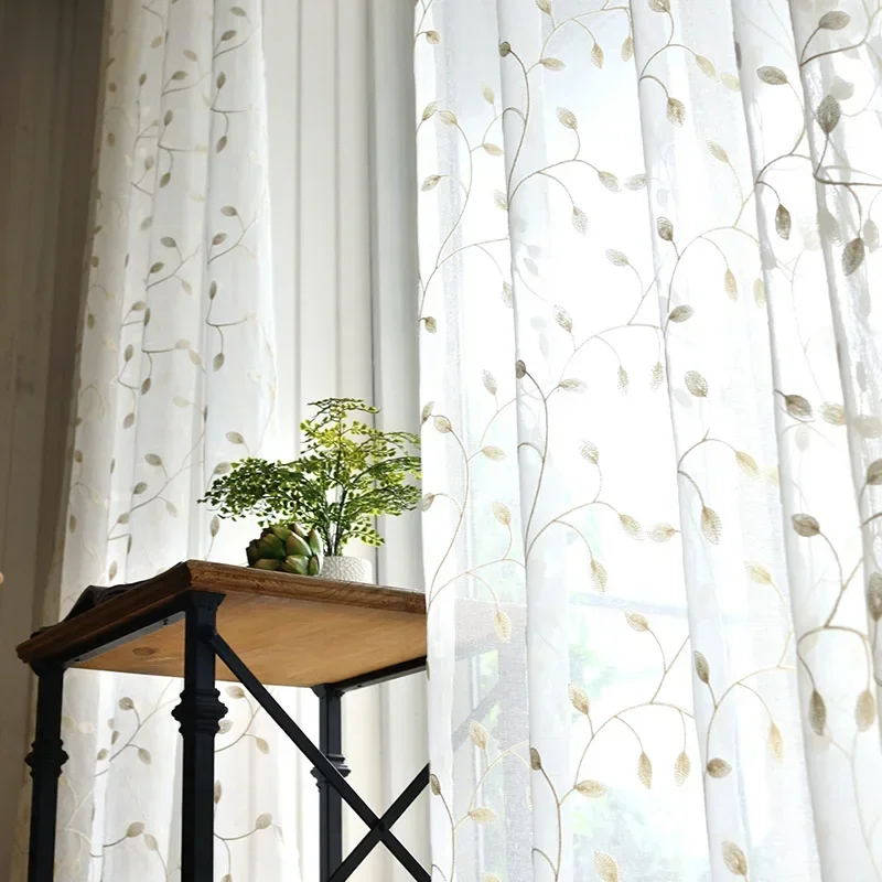 Leaf Flower American Country Towel Embroidery  Window Screen Pop Up Embroidered Curtains for Living Dining Room Bedroom Custom