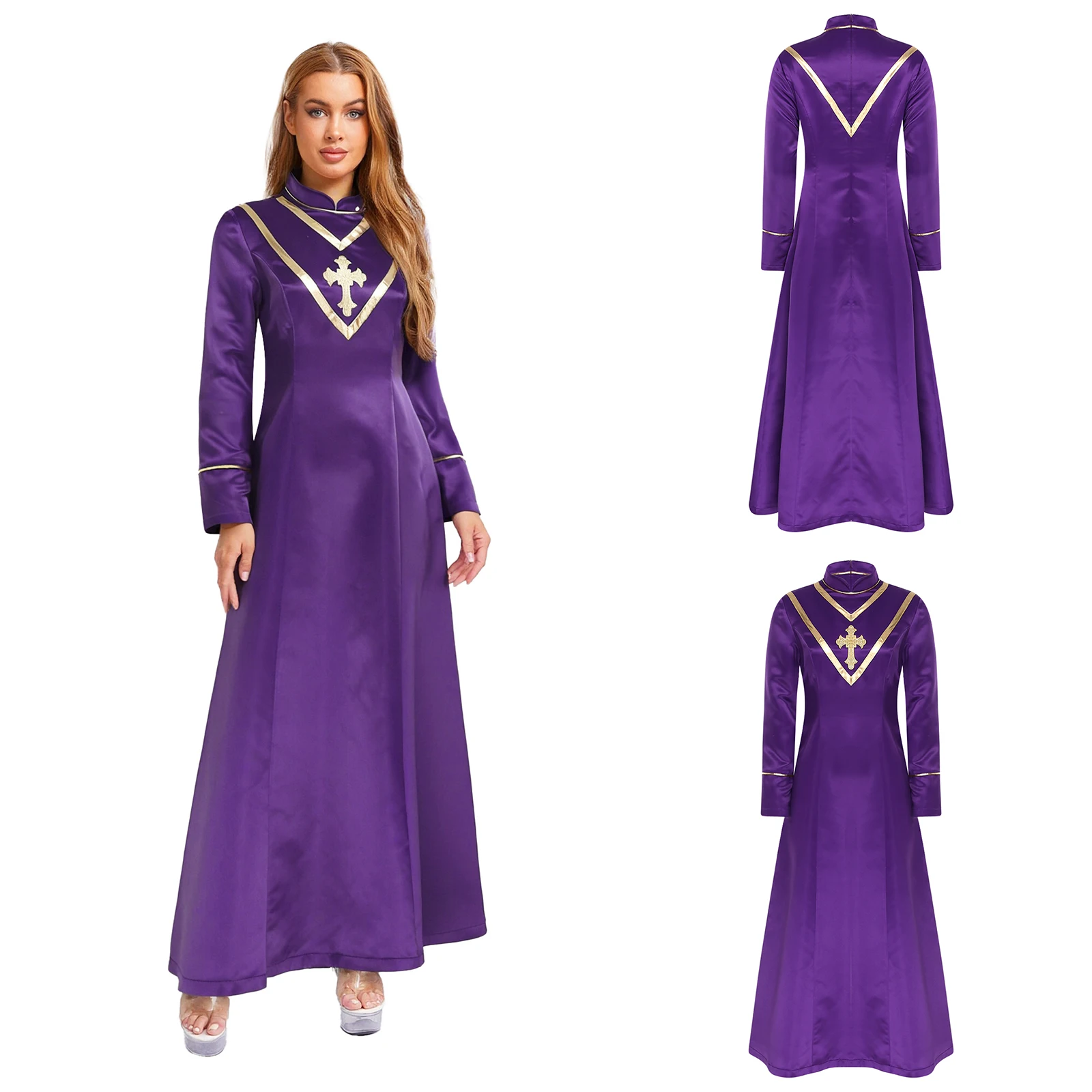 Fantasia feminina de sacerdote teatral de Halloween com cortina dramática de ombro único e detalhes metálicos pastor igreja roleplay robe