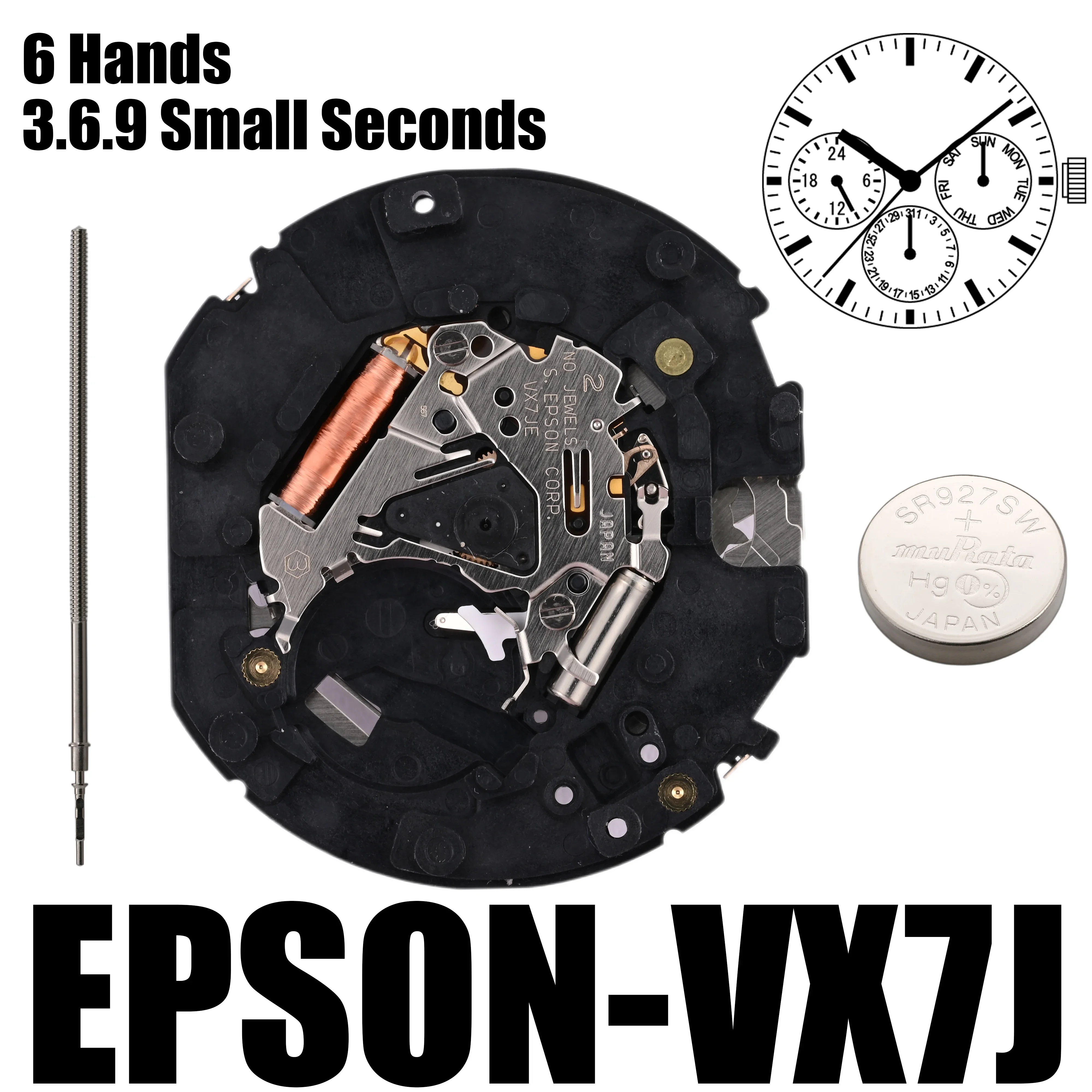 VX7J Movement Epson VX7JE Movement VX7 Series Quartz Movement  3.6.9 Small Seconds Size:12 3/4''' Six Hands Day / Date/24Hour