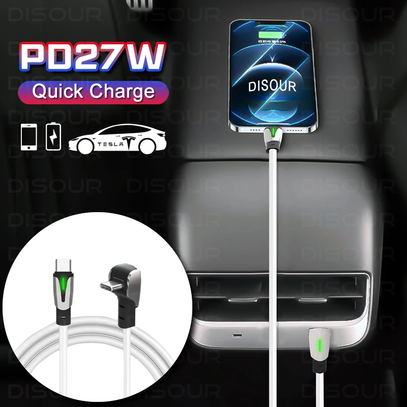 For Tesla Car Phone Charging Cable PD27W 90 Degree Elbow Design Quick Charging Cable USB C Type C Charge With Data Transmission