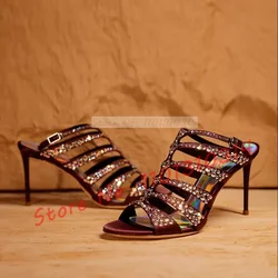Crystals Strappy High Heels Satin Slippers Women Luxury Spakly Thin High Heels Ladies Open Toe Slender Strap Gorgeous Slippers