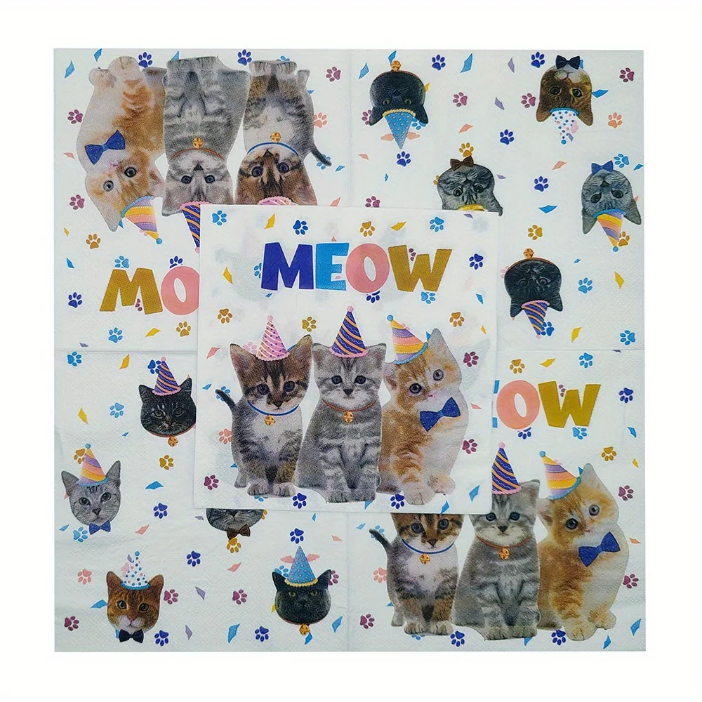 20pcs 13x13in 2-Ply Cat-Themed Birthday Napkins - 3 Adorable Cats in Party Hats with 'MEOW' Print Party Decor Paper Napkins