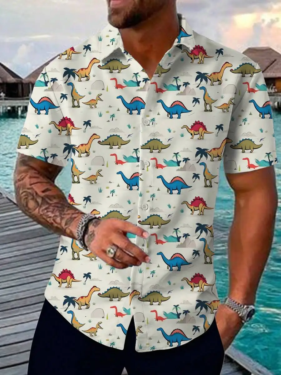 Men's Hawaiian Shirt Cartoon Dinosaur Animal Full Print Short Sleeve Lapel Shirts Summer Beach Holiday Casual Top