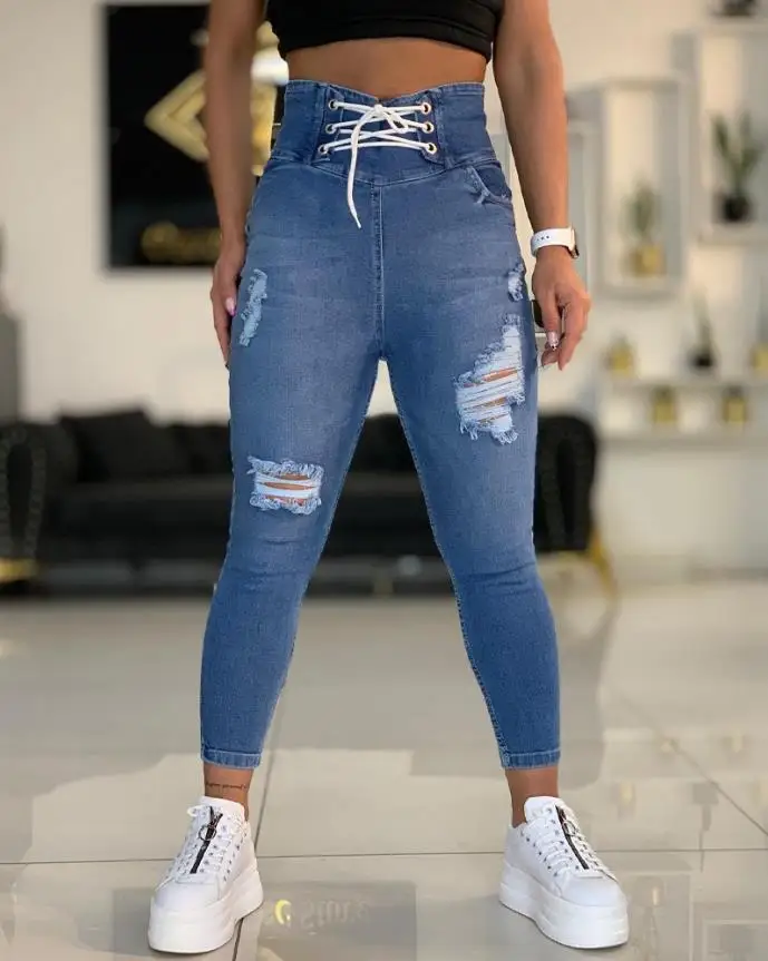 Jeans Pants for Women Casual Denim Plain Grommet Eyelet Lace-up Ripped Skinny High Waist Jeans 2022 Autumn All-Match