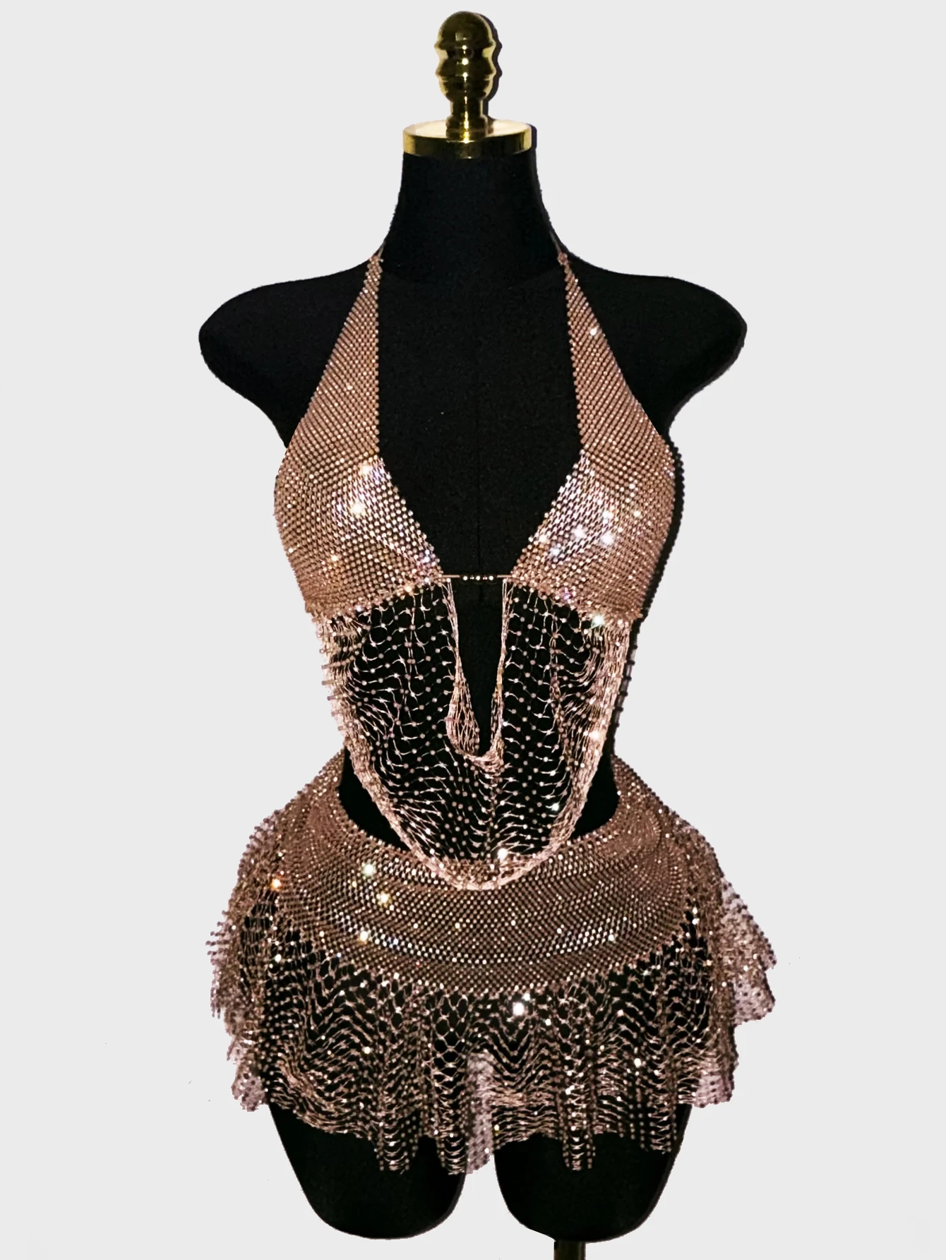 Y2K Sparkly Diamond Halter Vest Skirt Set Women Bling Fishnet Mesh Rave Festival Costume Shiny Metallic Party Club Mini Skirt