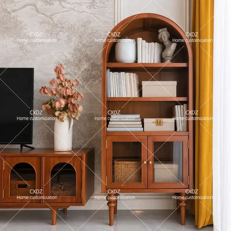 American Rural Simple Nordic French Retro Solid Wood Storage Display Case Bookshelf with Arch Design for Home Living Room