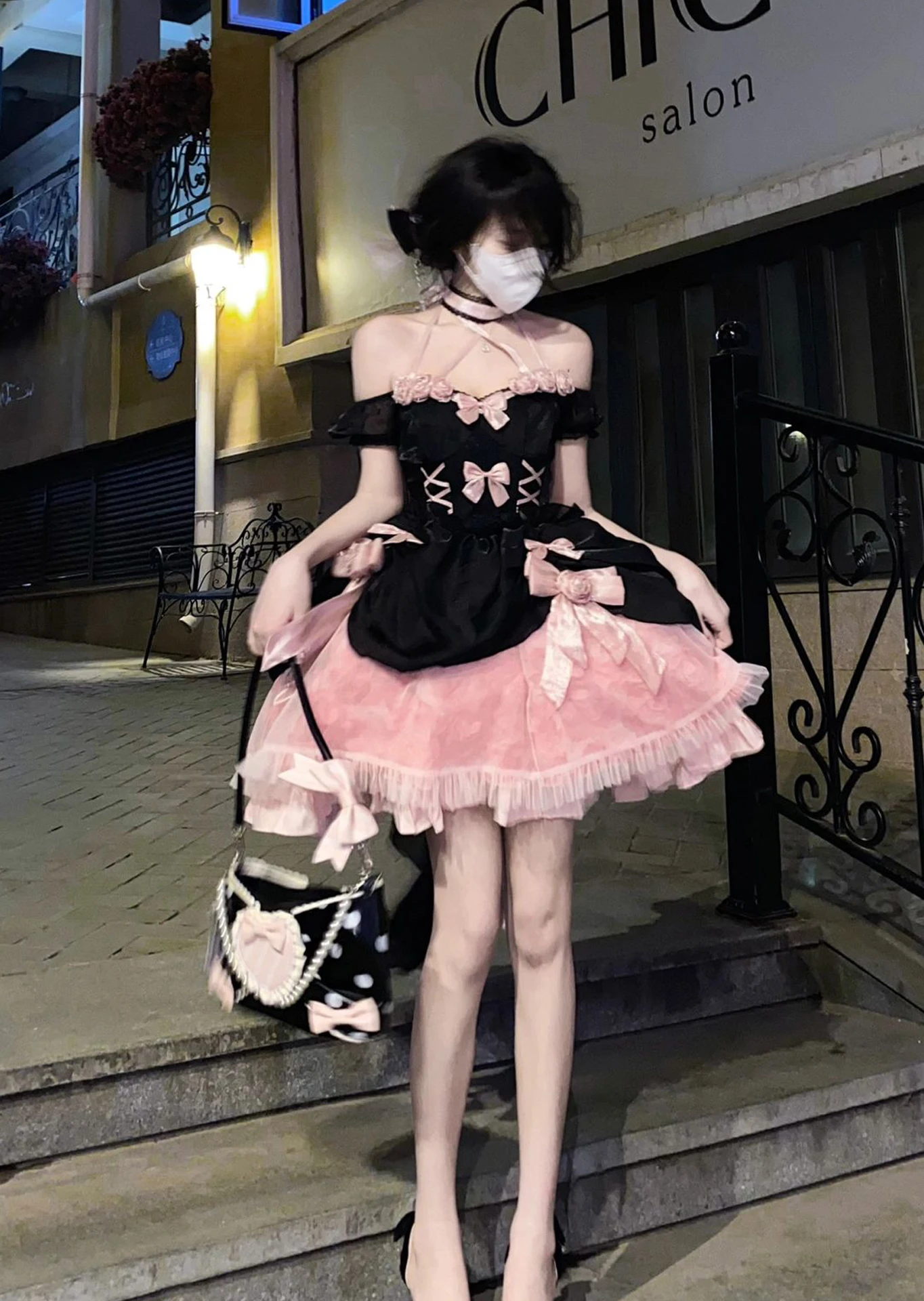 Black Powder Rose Ballet Style Lolita Dress Wedding Flower Princess Skirt Elegant Sweet Cute Polka Dot Polyester Fiber