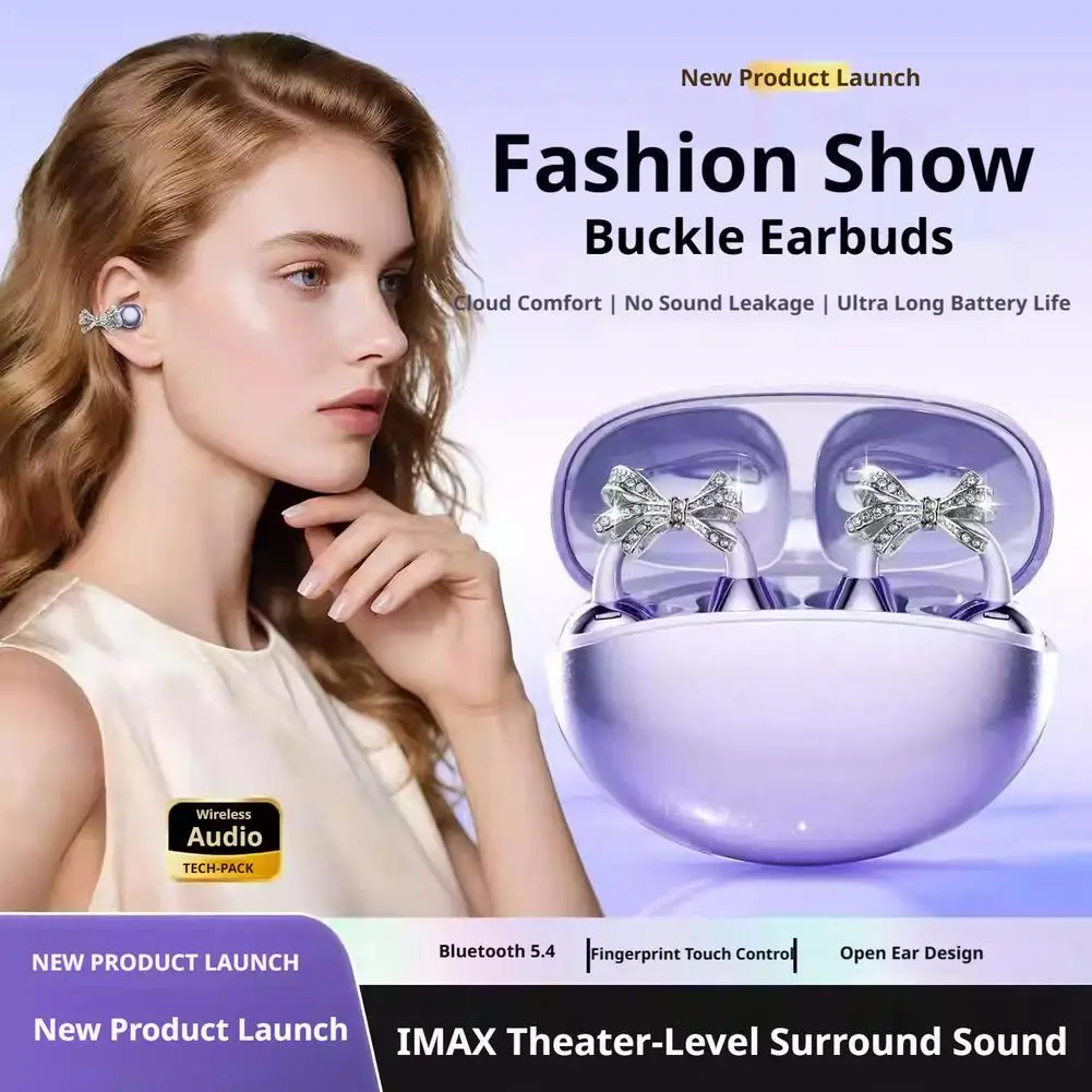 Clip-on Wireless Bluetooth Open-back Earphones Designed For Sports And Fitness, Featuring Detachable Crystal Bow Earrings