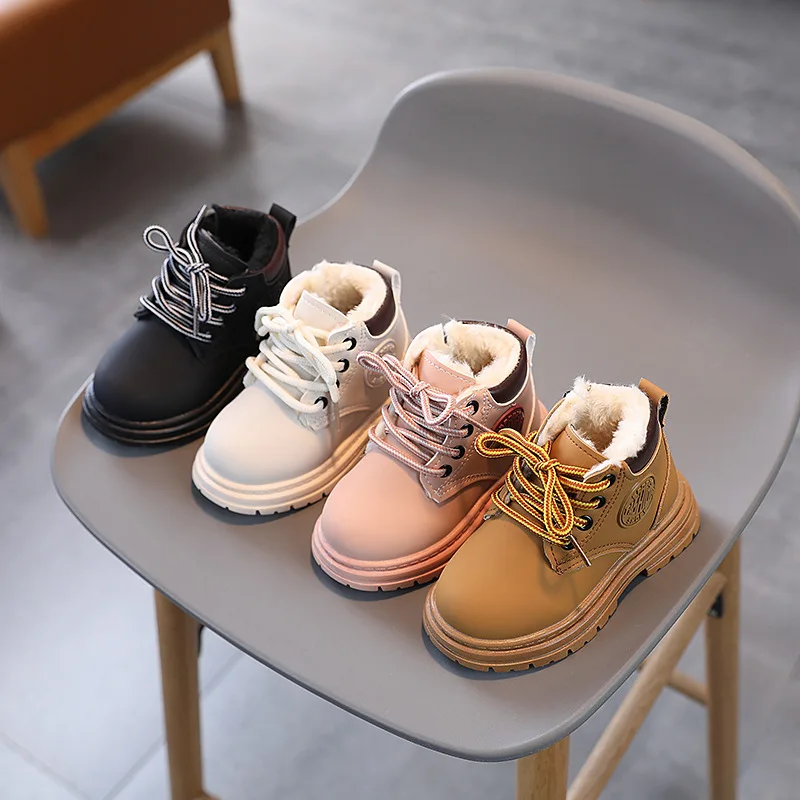 

Solid Color Children's Short Plush Boots Lace Up Outdoor Non Slip Winter Warmth Round Toe Kids Fashion Simple Style Soft Sole