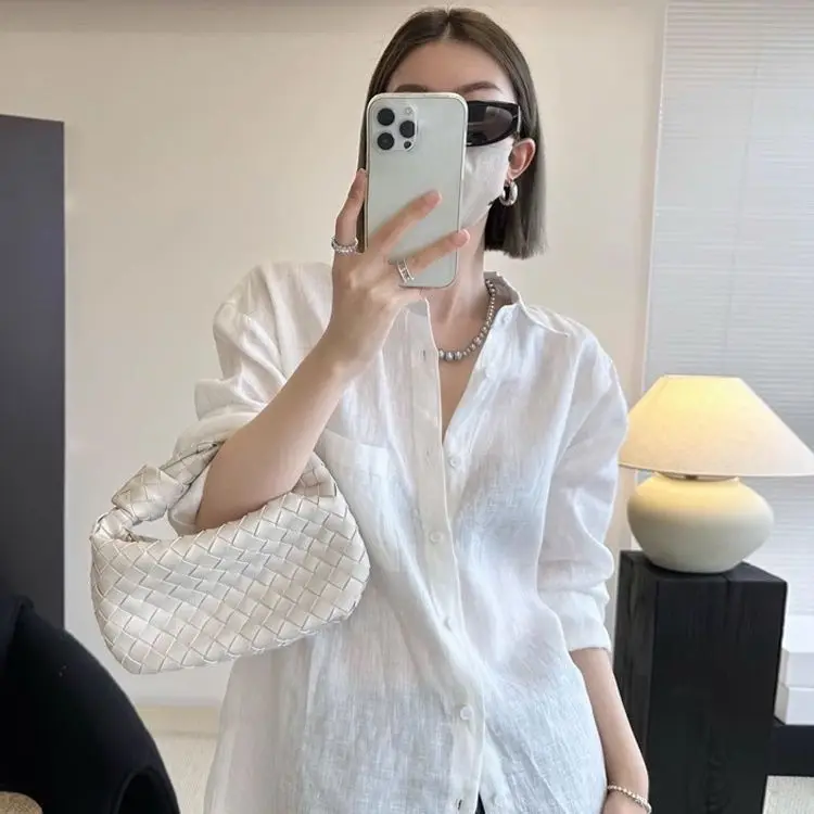 قميص كتان فرنسي بأكمام طويلة للنساء، قميص صيفي رقيق وفضفاض للحماية من الشمس #6