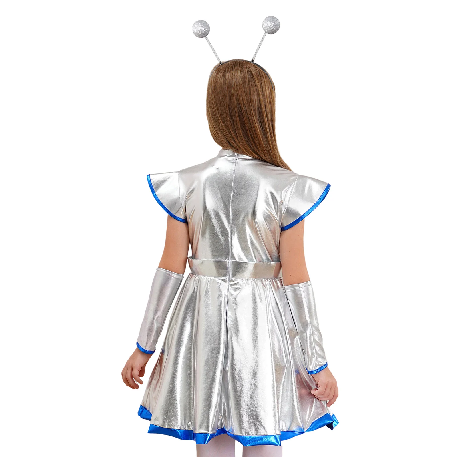 Kids Girls Alien Costume Outer Space Man Robot Cosplay Theme Party Dress Up Metallic Shiny Tutu Dress with Arm Sleeve Hair Hoop