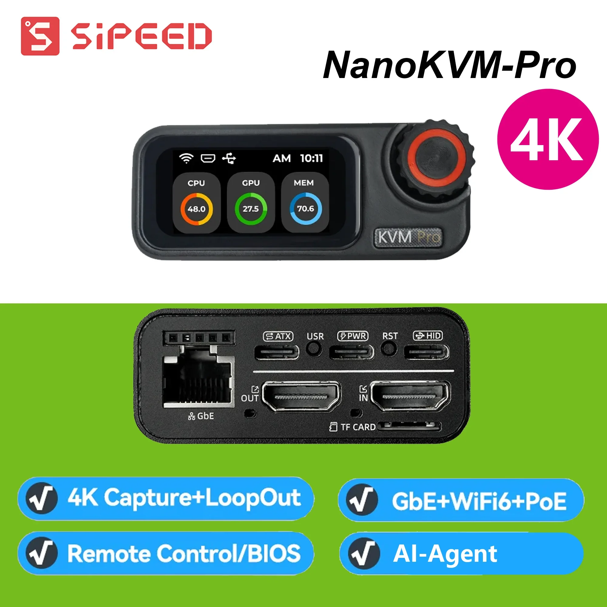 Sipeed KVMPro NanoKVM-Pro 4K IP-KVM GbE WiFi6 USB-C 2 Channels 32G eMMC for Server/NAS Remote Management Capture Remote Control