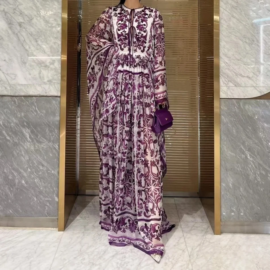 パープルフローラプリント V ネックドレス女性の夏のエレガントなヴィンテージシック Vestidos ボディコンハイウエストシックな布女性