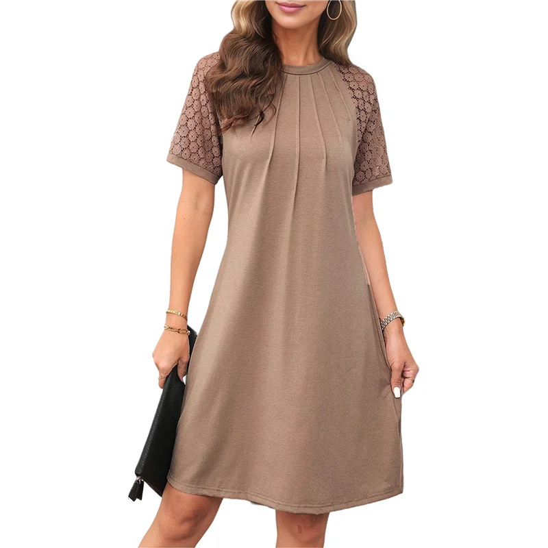 FX-Vestido feminino de verão com manga curta de renda e camiseta casual com gola redonda e vestidos plissados na frente