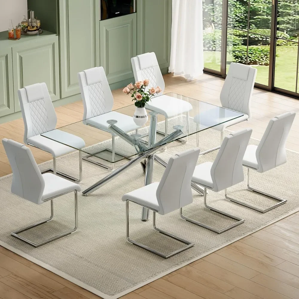 

Glass Dining Table Set for 8, Rectangular Kitchen Tables and PU Leather Dinings Chairs Sets, 71” Silver Dining Room Table Set