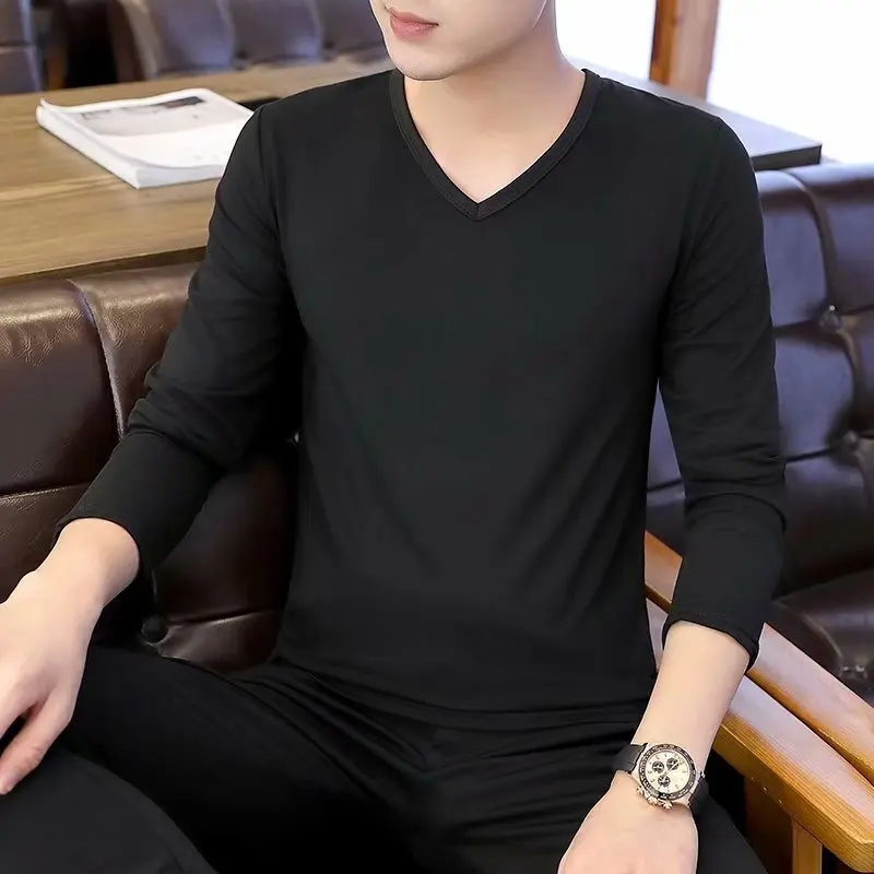 

Men's Black Long Sleeve Tee V Neck Solid-Color Slim Base Layer Shirt Thin Inner Wear for Autumn