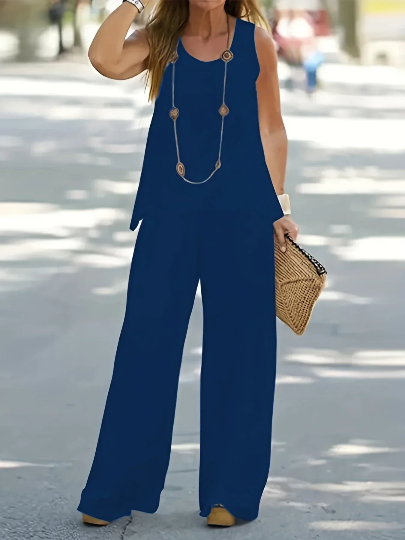 Plus Size 1XL-5XL Women\'s Casual Outfits Two Piece Set Solid Round Neck Tank Top  Wide Leg Pants Outfits 2 Piece Set