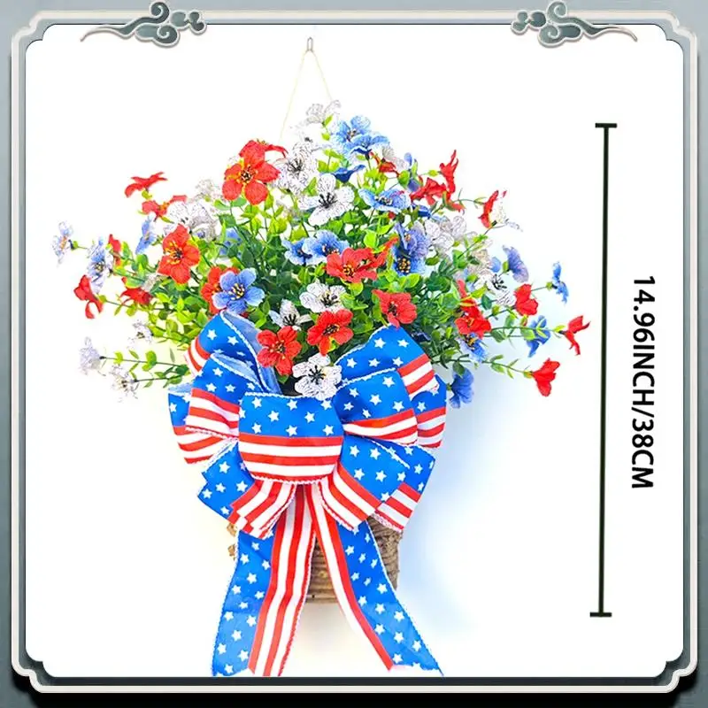 Decoración duradera de cesta de flores del día patriótico para el día de la independencia de la puerta delantera 4 de julio para interior exterior rojo blanco azul Dur