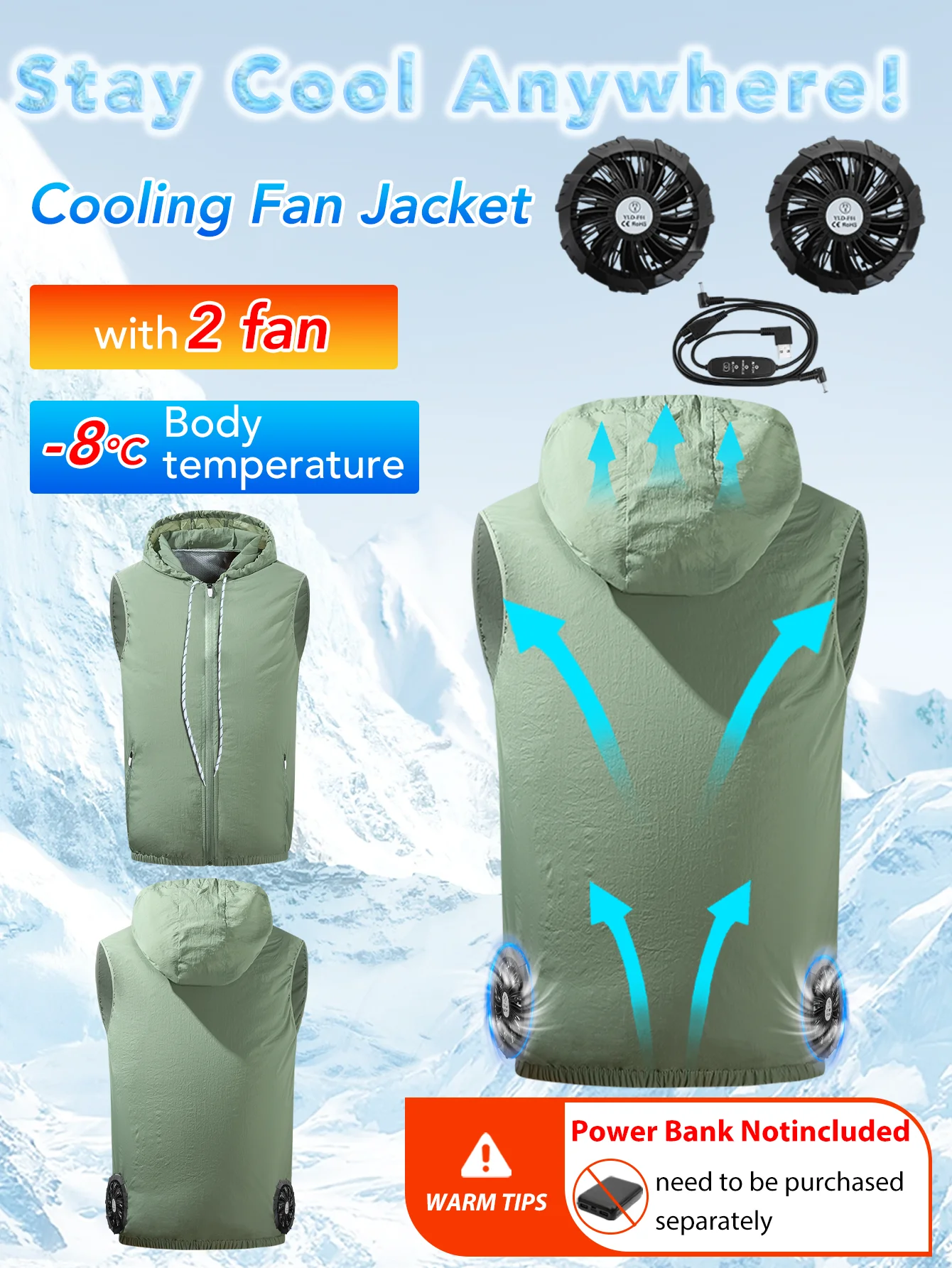 

Жилет с вентилятором с капюшоном, одежда с вентилятором охлаждения с 2 вентиляторами, 9-лопастной вентилятор может регулировать объем воздуха 3 передач, летняя одежда,