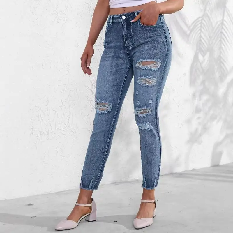 Jeans Women Streetwear Hole Denim Pants High Waist Solid Distressed Pencil Pant Lady Casual Ankle Length Trousers Autumn 2025