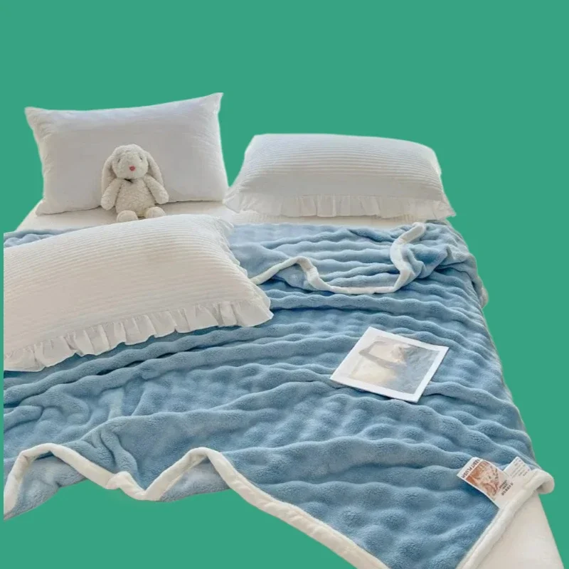 Solid color simple four seasons thickened milk fleece bubble multi-functional blanket hemming sofa blanket