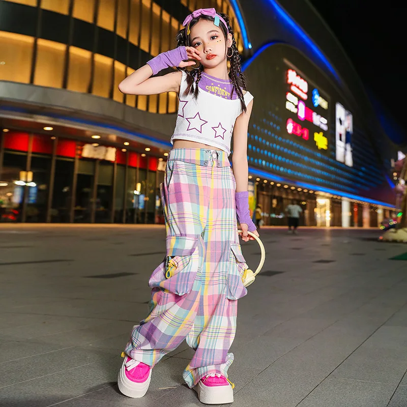 Summer Girls Jazz Dance Clothes Hip Hop Kids Costume Crop Tops Plaid Pants Modern Dance Practice Wear Teenage Performance Suit