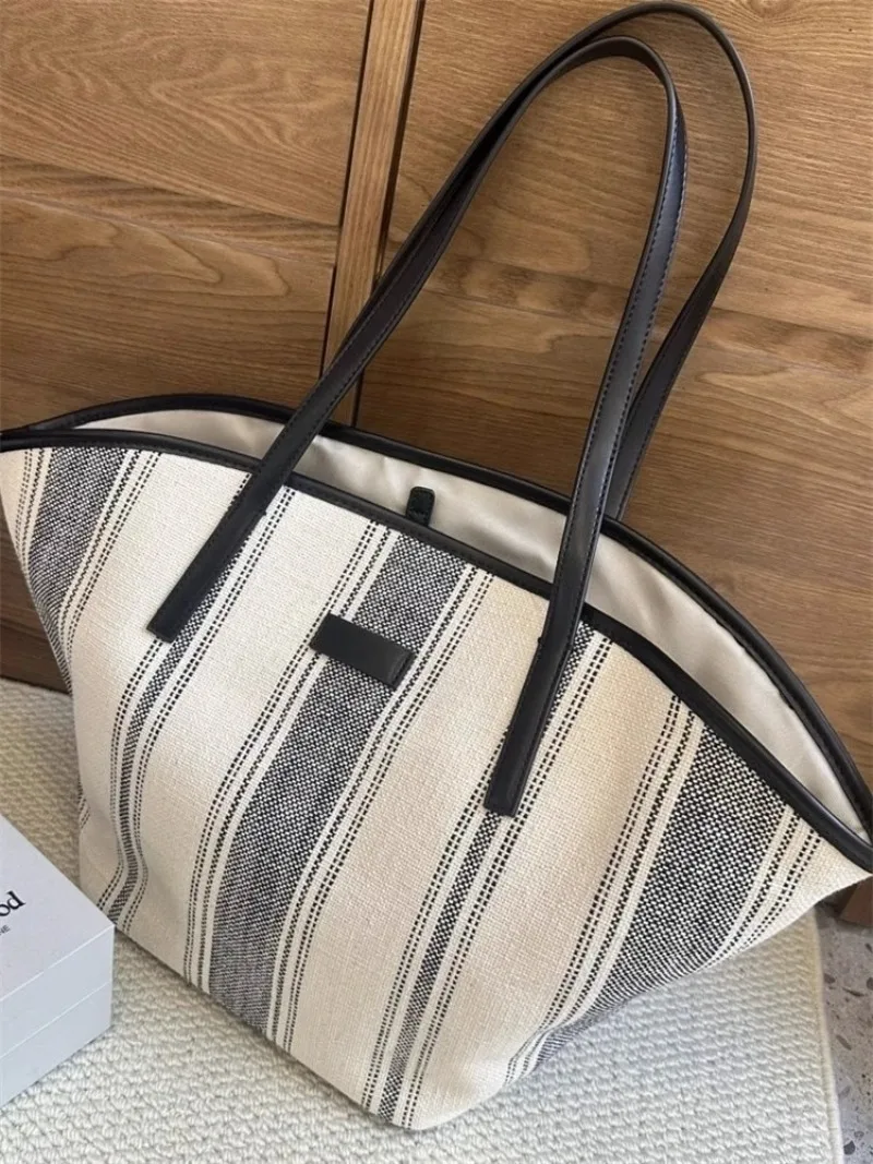 

Striped Shoulder Bucket Bags For Women Contrast Color Canvas Fabric Large Capacity Shopper Totes 2024 Autumn New Handbags Female