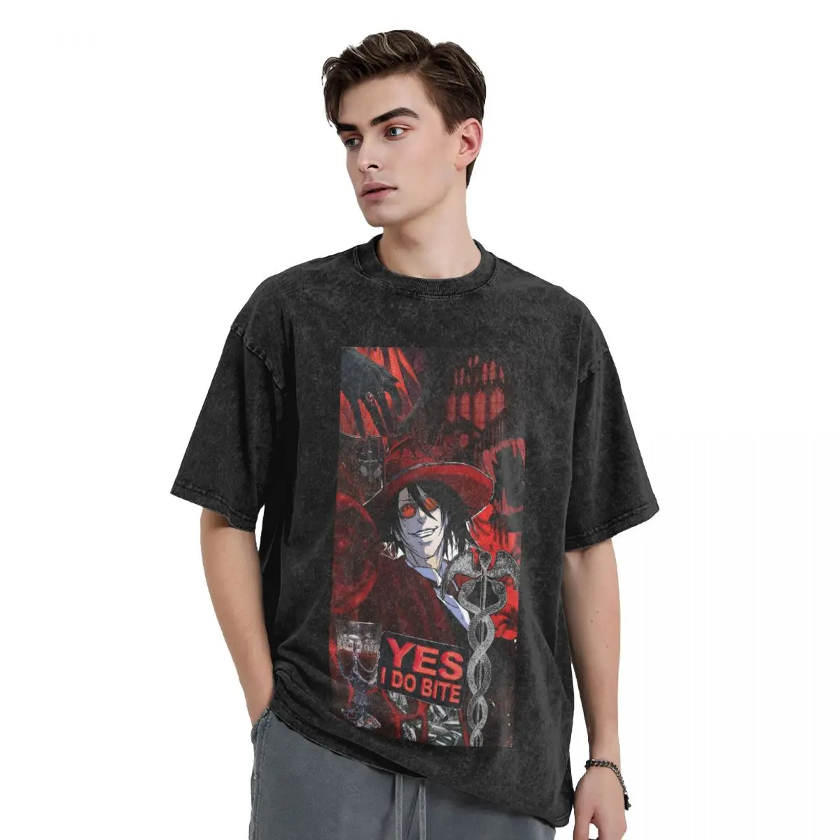 

Alucard Hellsing Manga Washed T Shirts Casual Short Sleeve Hip Hop T-Shirt Streetwear Tops Tees for Men Women
