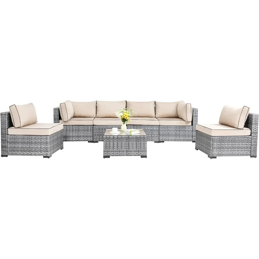 Outdoor Patio Sectional Sofa Couch Set with Washable Cushions, Glass Coffee Table Set, Free Shipping, 7 Pcs