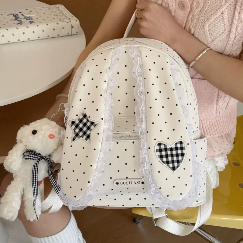 

Polka Dot Rabbit Ear Backpack With Lace Trim Women Lolita Style Lightweight Shoulder Bag Student Nylon Cute Soft Zipper Handbag