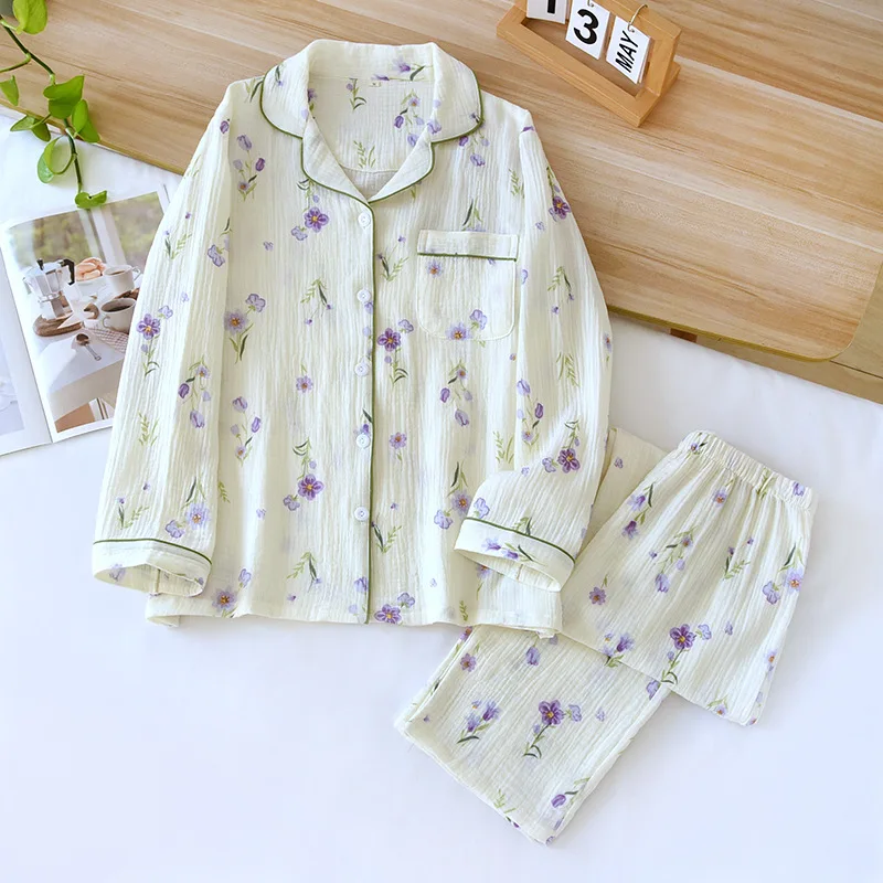 Spring / Autumn Cotton Long Sleeved Pants Pajamas for Women Washed Crepe Fabric Home Clothing Purple Flower Print Loungewear