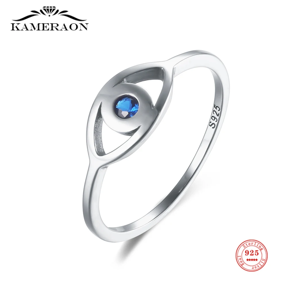 Kameraon Genuine S925 Sterling Silver Lucky Eye Ring Blue CZ Wedding Rings for Women Turkey Fine Jewelry Birthday Party Gift