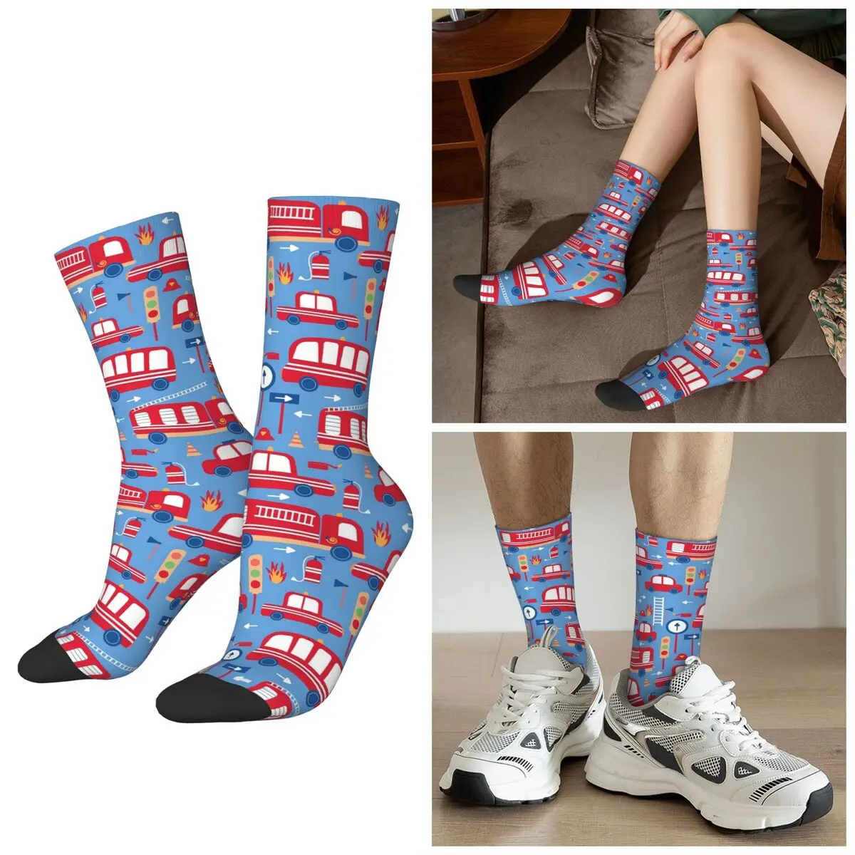 

All Seasons Cartoon Fire Truck Firefighter Socks Harajuku Sport Middle Tube Socks Stockings for Men Women Valentine's Day Gifts