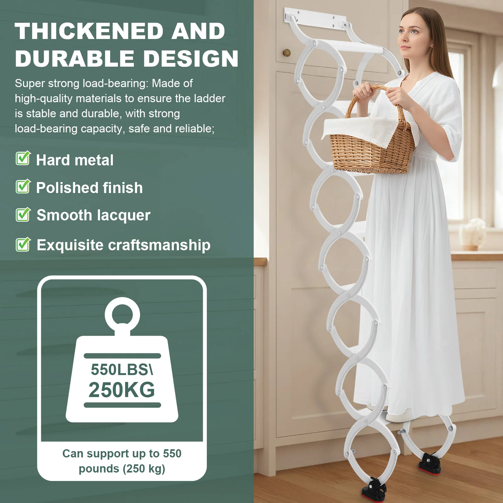 

5-8 Steps Wall Mounted Attic Ladder Pull Down System Anti-Slip Steps Telescopic Attic Ladder 49in-78in Vertical Height for Home