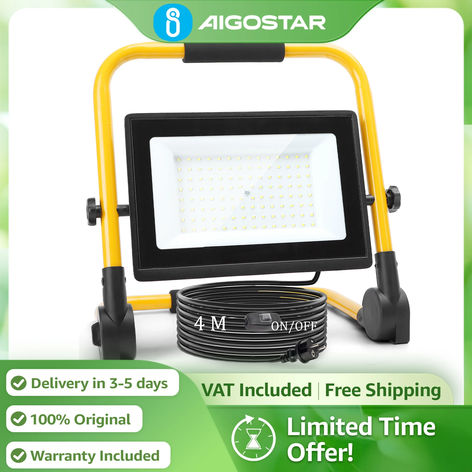 Aigostar Foco Trabajo LED Portátil | Cable 4M, Enchufe IP65, Soporte Plegable 6500K