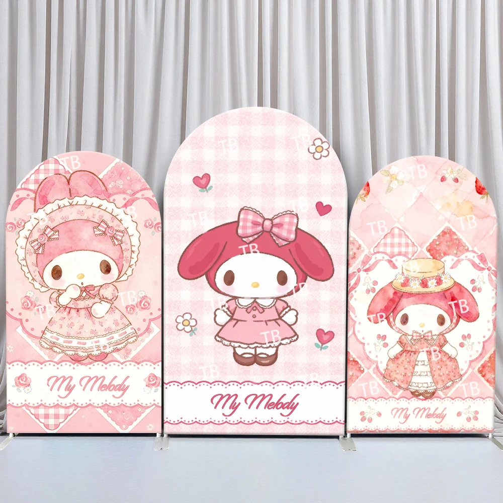 

Sanrio My Melody Pink Plaid Style Arch Backdrop Cover Sweet Festive Scene For Kids Birthday Baby Shower Photo Booth Decor