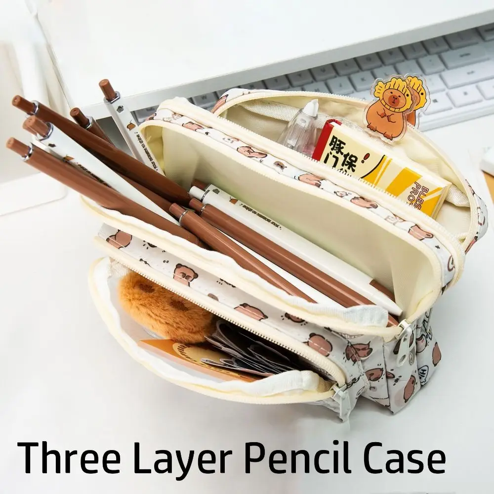 Creative Three-layer Capybara Pen Bag Dirt-proof Canvas Pencil Case Large Capacity Storage Bag Gift