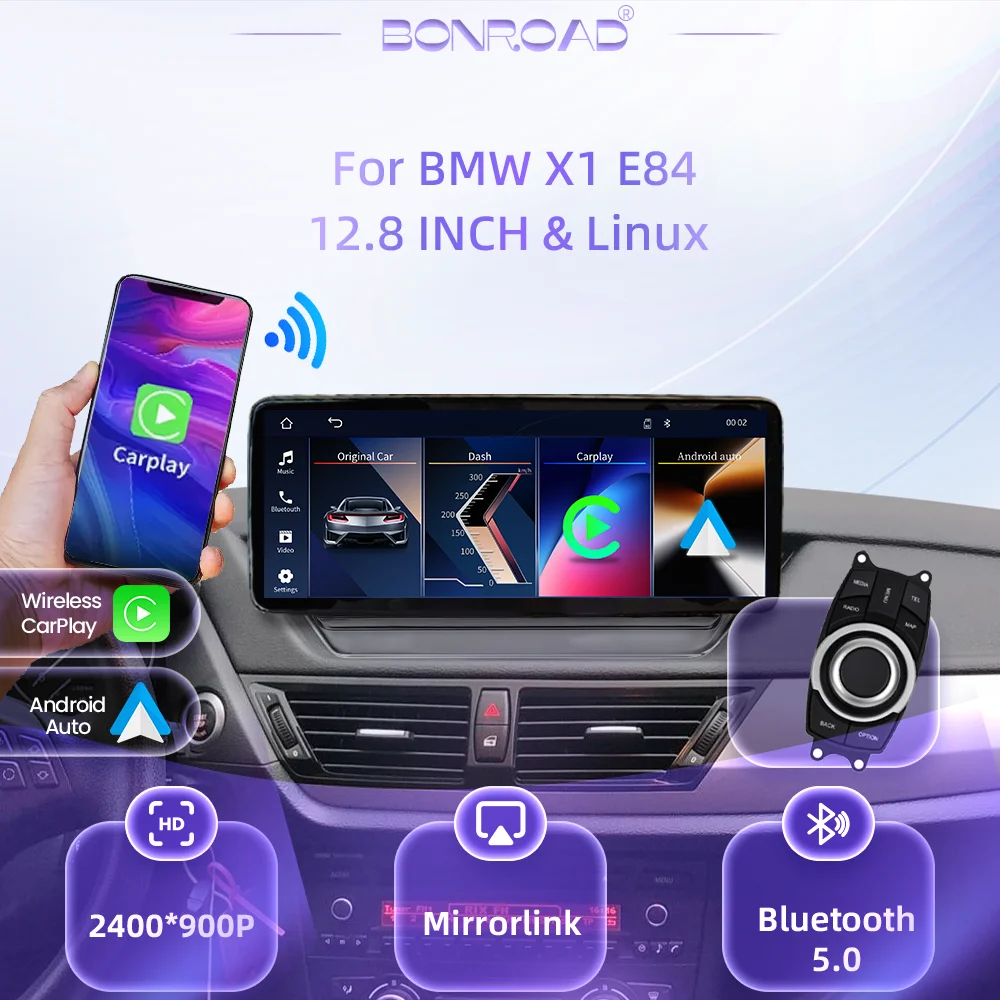 BONROAD Pantalla Táctil Multimedia Inalámbrica CarPlay Linux de 12.8 pulgadas 2400*900 para BMW X1 E84 con Sistema CIC sin Pantalla de Fábrica, con Navegación GPS y Pantalla Estéreo 1