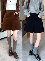 Retro Style Corduroy Pleated Skirt Women's Autumn Winter A-Line Skirt Design Sense Striping Half-length Skirt for Ladies