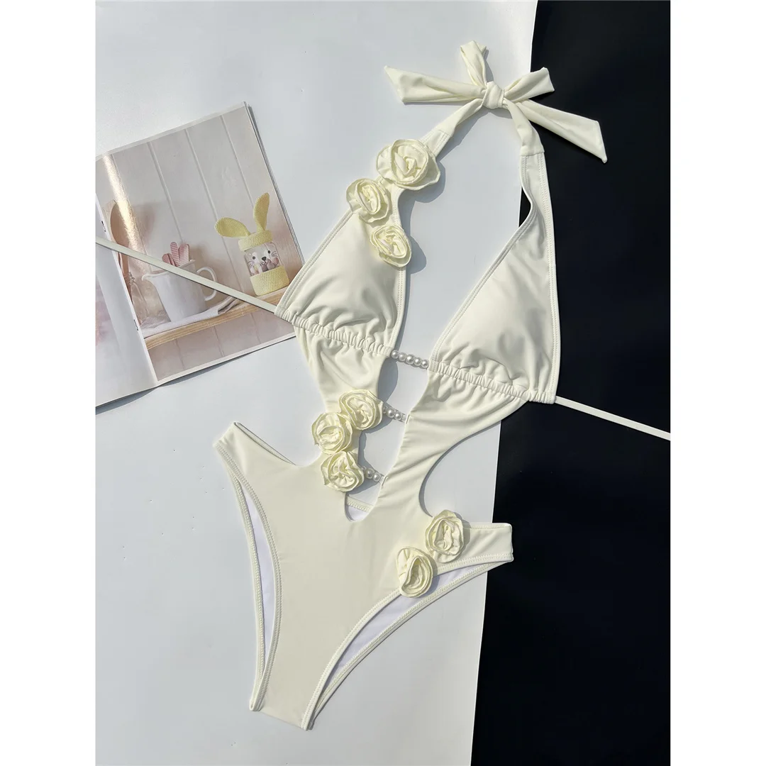 Rosa-rote Badeanzug-Bademode mit 3D-Blumenmuster, tiefem V-Ausschnitt, einteiliger Badeanzug für Damen, hoch geschnittene Beine, Monokini V6986P – Detail 6